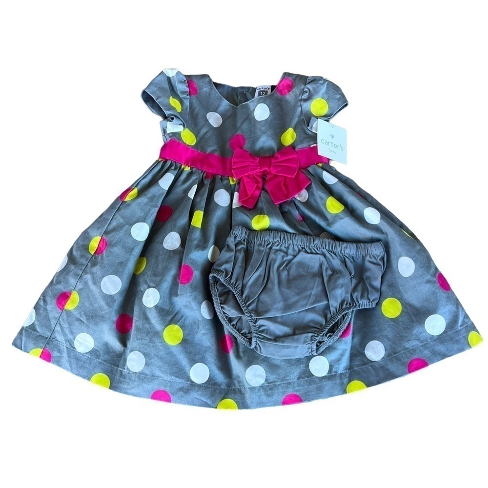 Carter’s Dress Me Up Polka Dot Dress Baby 12 Months Gray Pink Sash Bow Tulle NWT